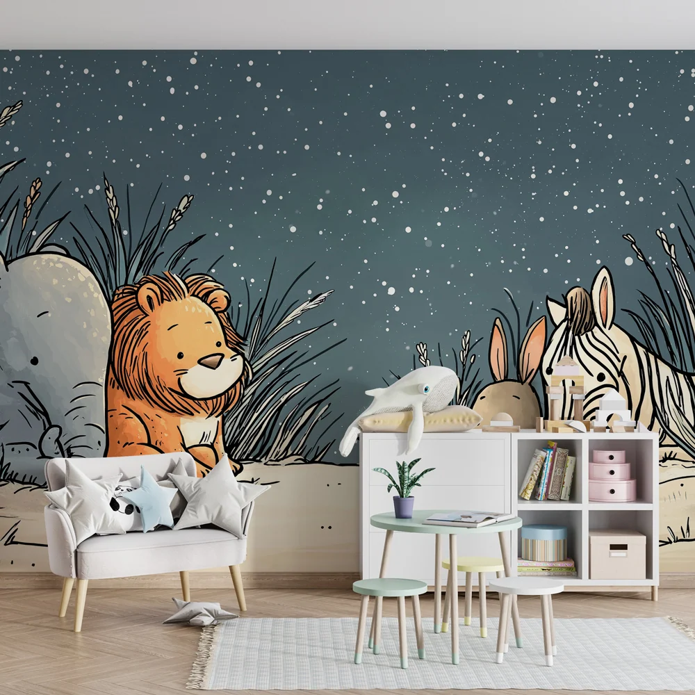 Kids room wallpaper | Jungle animals under stars