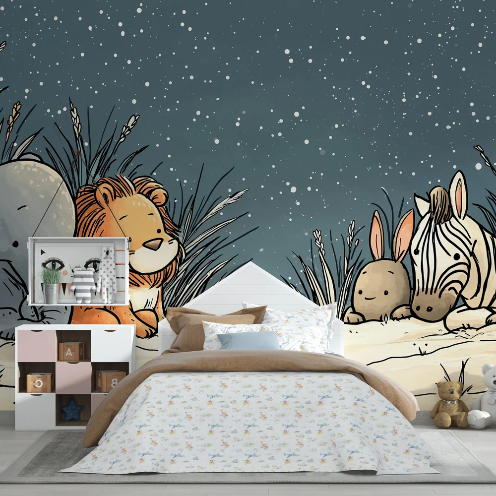 Kids room wallpaper | Jungle animals under stars