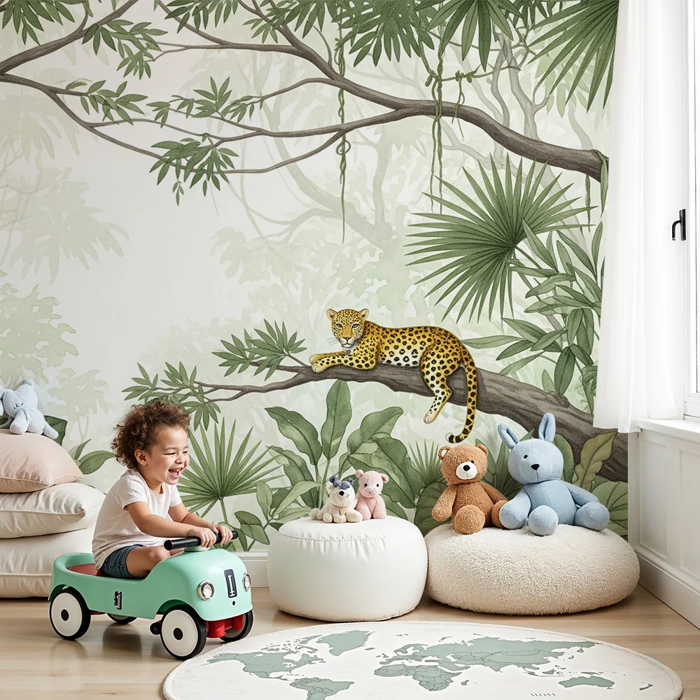 Kids room wallpaper | Klidný levhart v bujné džungli