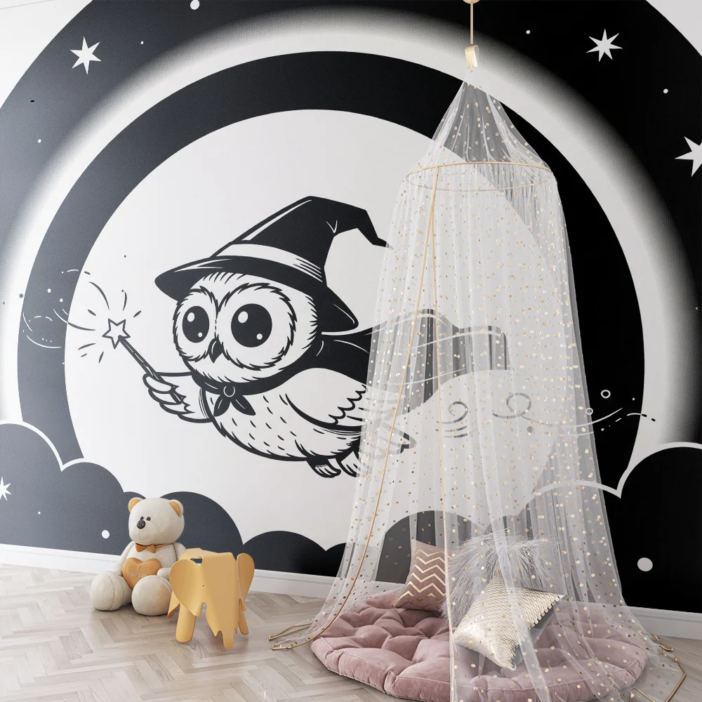 Kids room wallpaper | Kouzelný létající sova pod hvězdami
