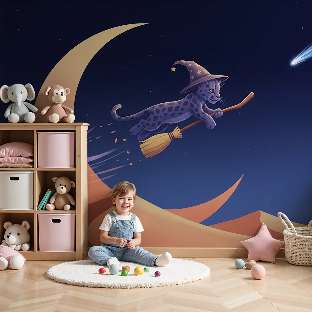 Kids room wallpaper | Kouzelnický kocour na koštěti na hvězdné obloze