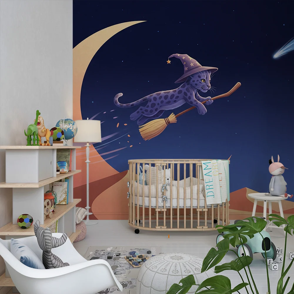Kids room wallpaper | Kouzelnický kocour na koštěti na hvězdné obloze