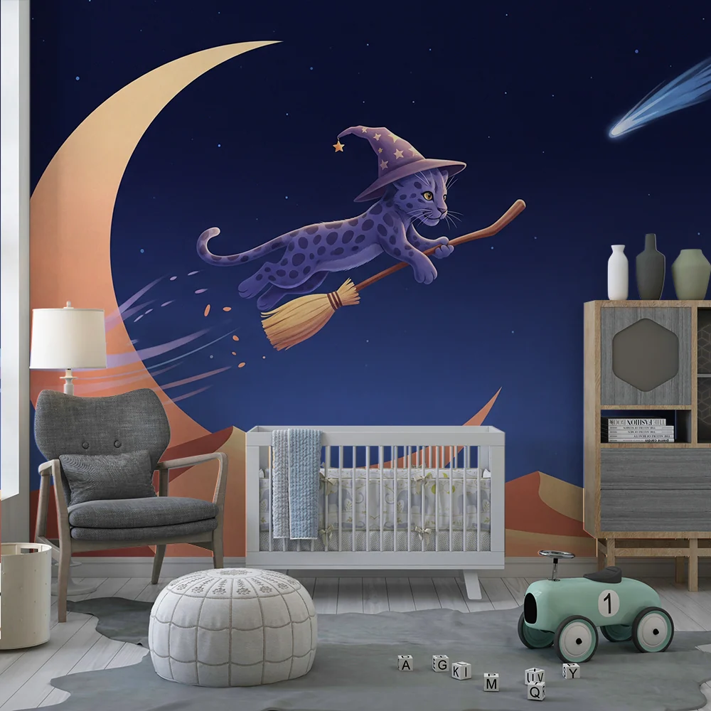 Kids room wallpaper | Kouzelnický kocour na koštěti na hvězdné obloze