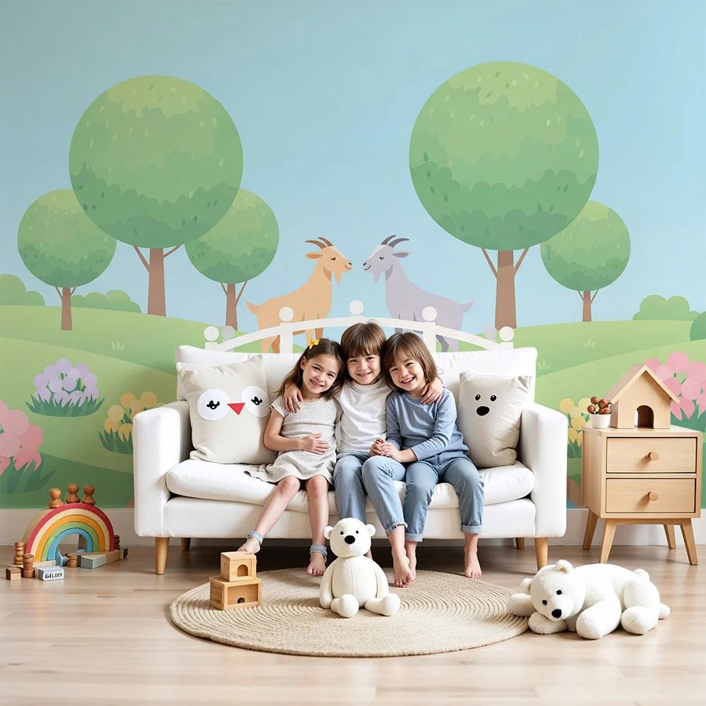 Kids room wallpaper | Dvě kozy na mostě v zelené krajině