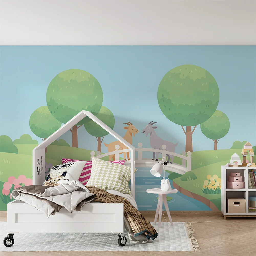 Kids room wallpaper | Dvě kozy na mostě v zelené krajině