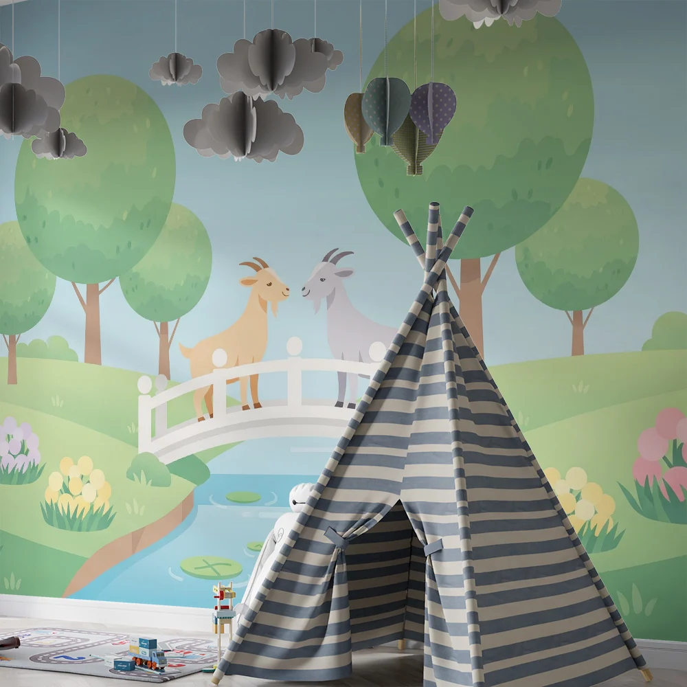 Kids room wallpaper | Dvě kozy na mostě v zelené krajině