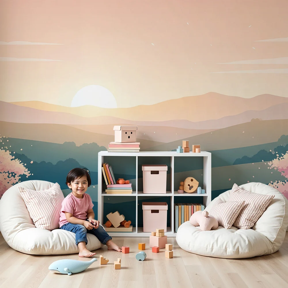 Kids room wallpaper | Krajina kopců při východu slunce s kvetoucími třešněmi