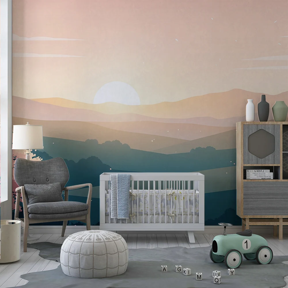 Kids room wallpaper | Krajina kopců při východu slunce s kvetoucími třešněmi