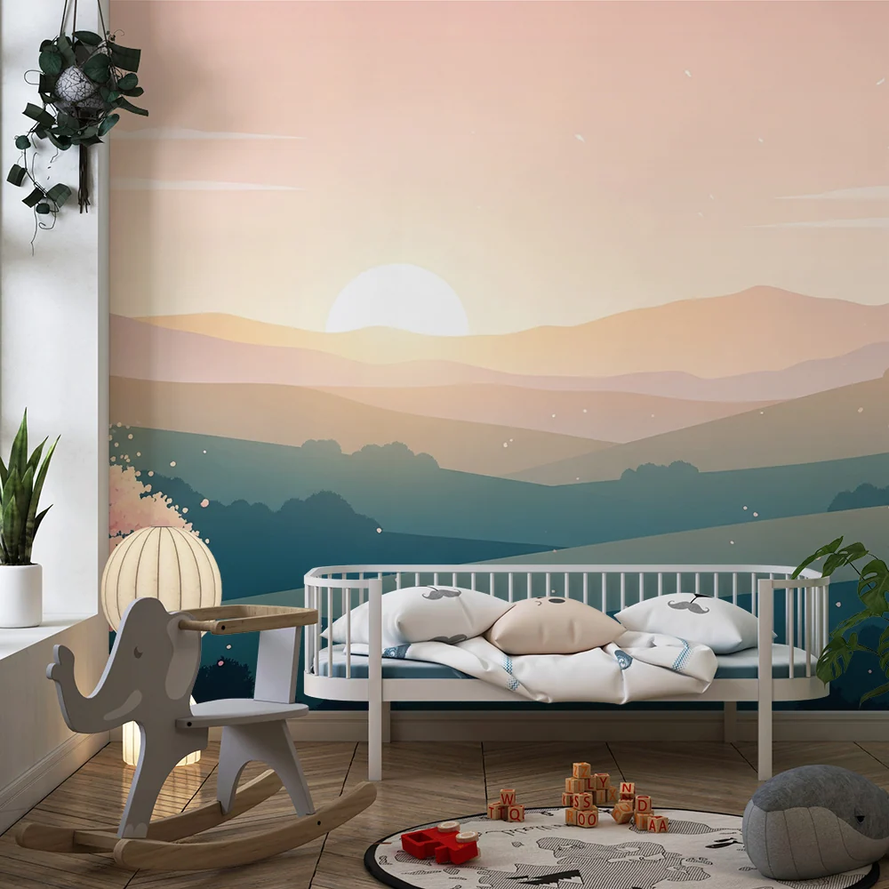 Kids room wallpaper | Krajina kopců při východu slunce s kvetoucími třešněmi