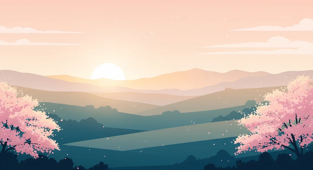Kids room wallpaper | Krajina kopců při východu slunce s kvetoucími třešněmi