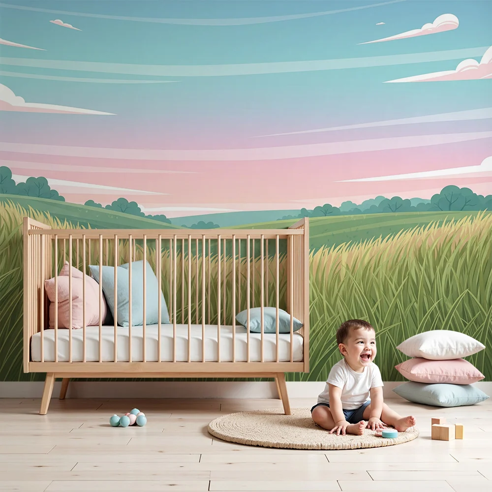 Kids room wallpaper | Krajina zelených luk pod pastelovou oblohou
