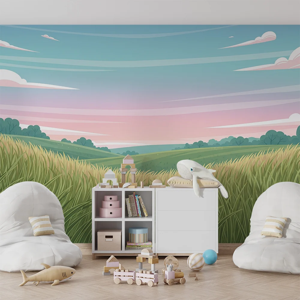 Kids room wallpaper | Krajina zelených luk pod pastelovou oblohou
