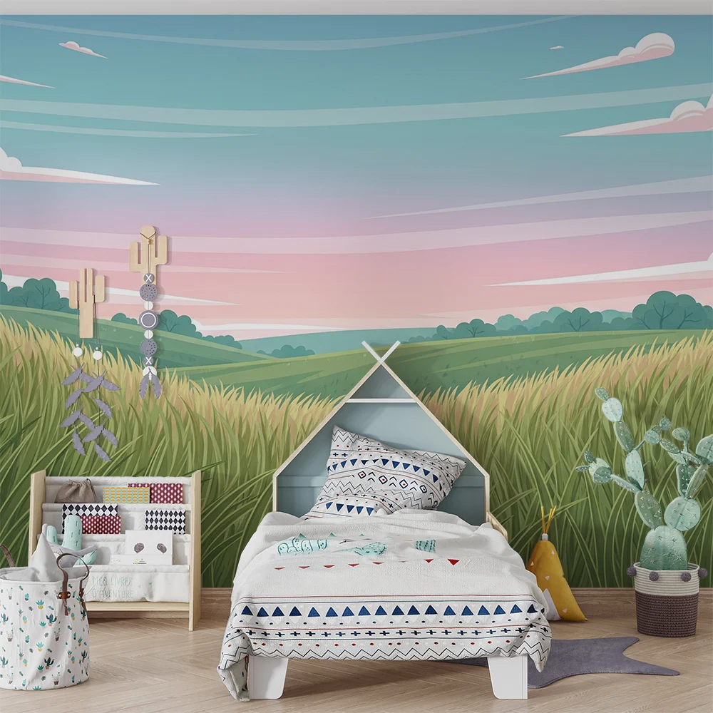 Kids room wallpaper | Krajina zelených luk pod pastelovou oblohou