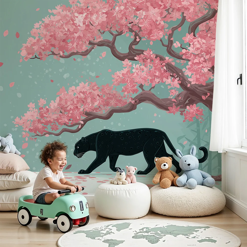 Kids room wallpaper | Krásný černý panter pod kvetoucím třešní