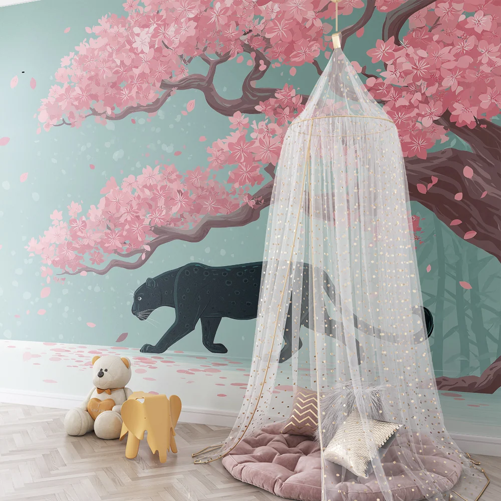 Kids room wallpaper | Krásný černý panter pod kvetoucím třešní
