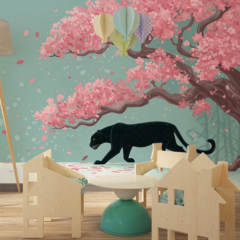 Kids room wallpaper | Krásný černý panter pod kvetoucím třešní