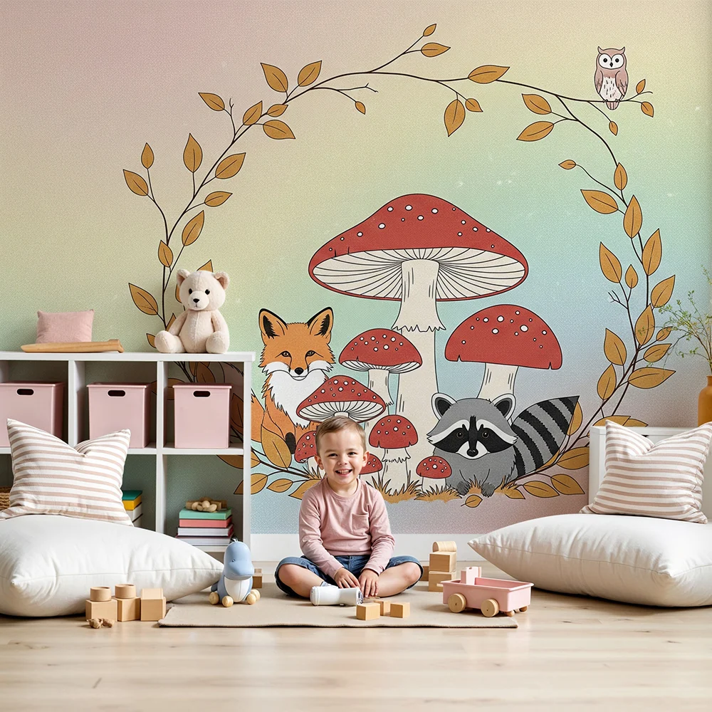 Kids room wallpaper | Lesní zvířata s pestrobarevnými houbami