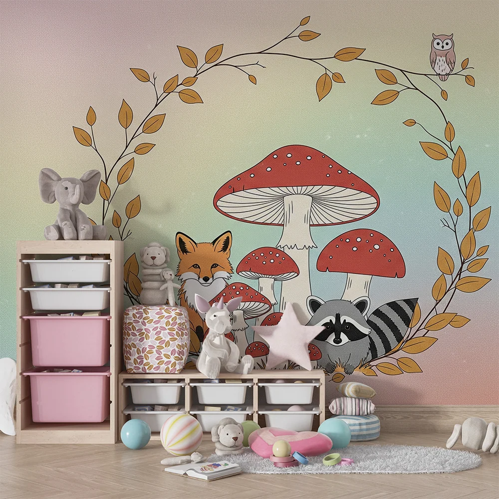 Kids room wallpaper | Lesní zvířata s pestrobarevnými houbami