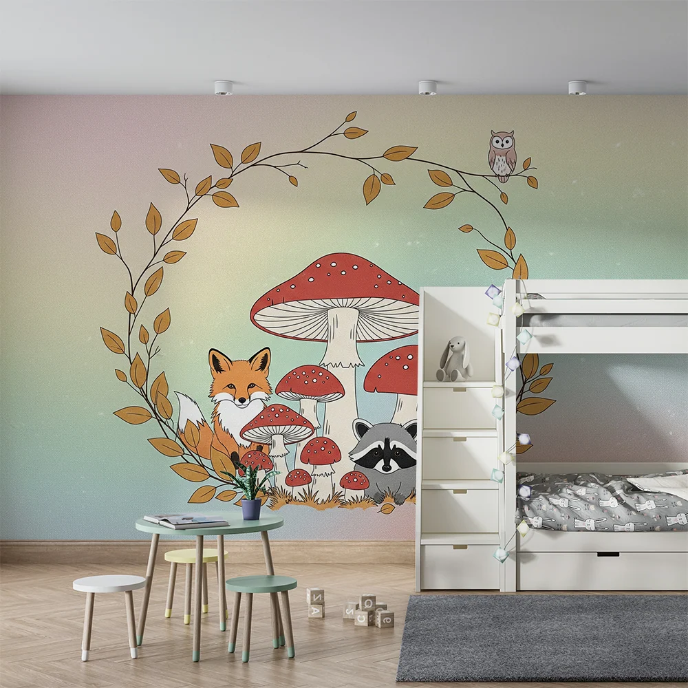 Kids room wallpaper | Lesní zvířata s pestrobarevnými houbami