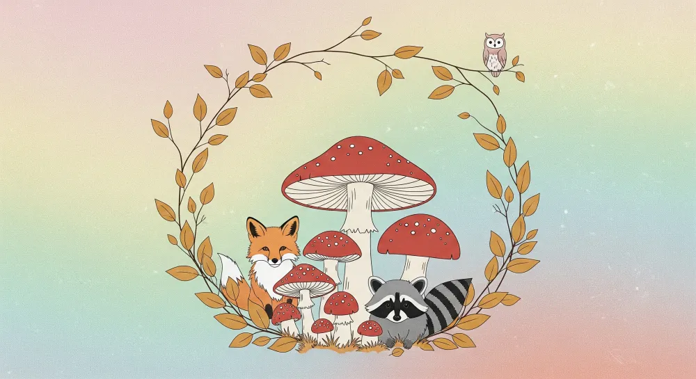 Kids room wallpaper | Lesní zvířata s pestrobarevnými houbami