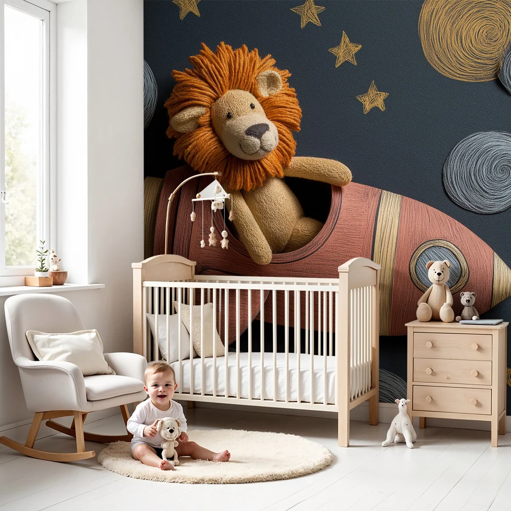 Kids room wallpaper | Lion astronaut rocket among clouds and stars