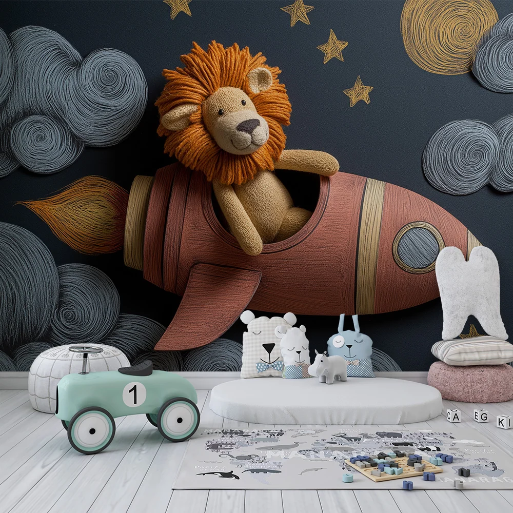 Kids room wallpaper | Lion astronaut rocket among clouds and stars