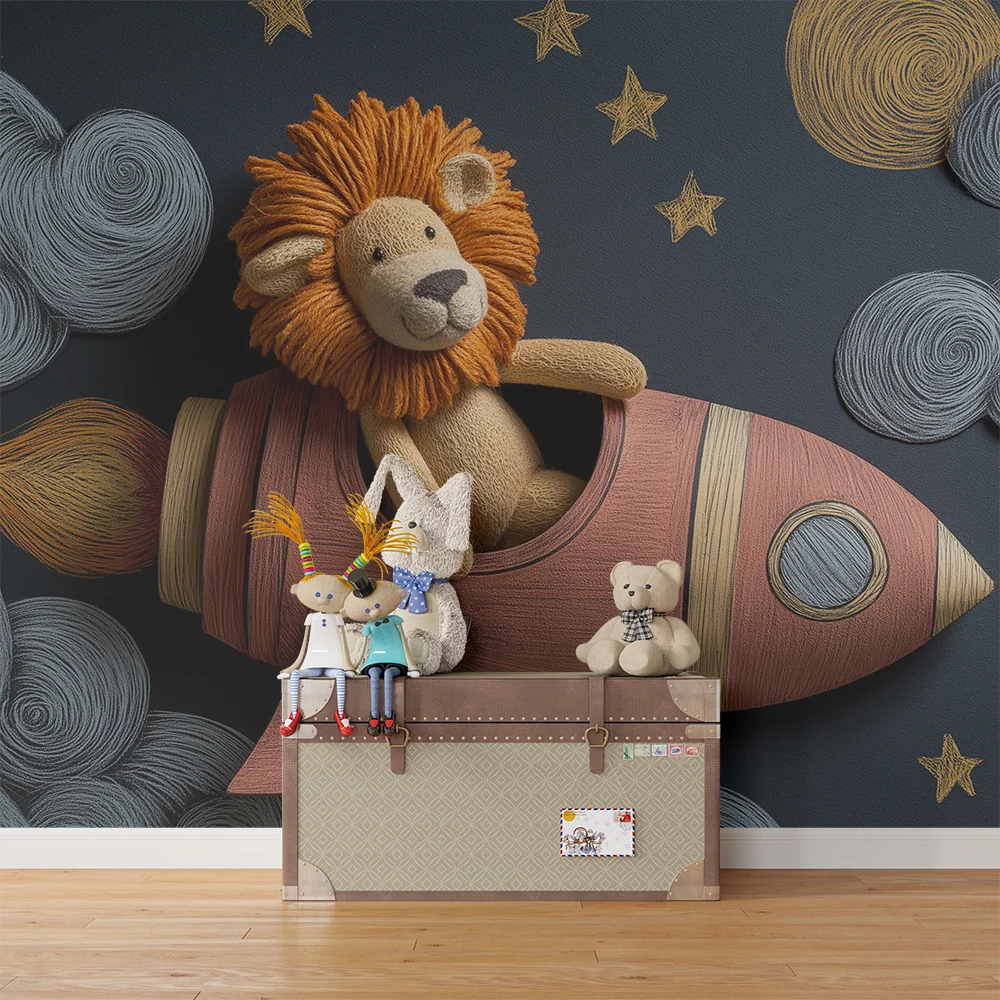 Kids room wallpaper | Lion astronaut rocket among clouds and stars