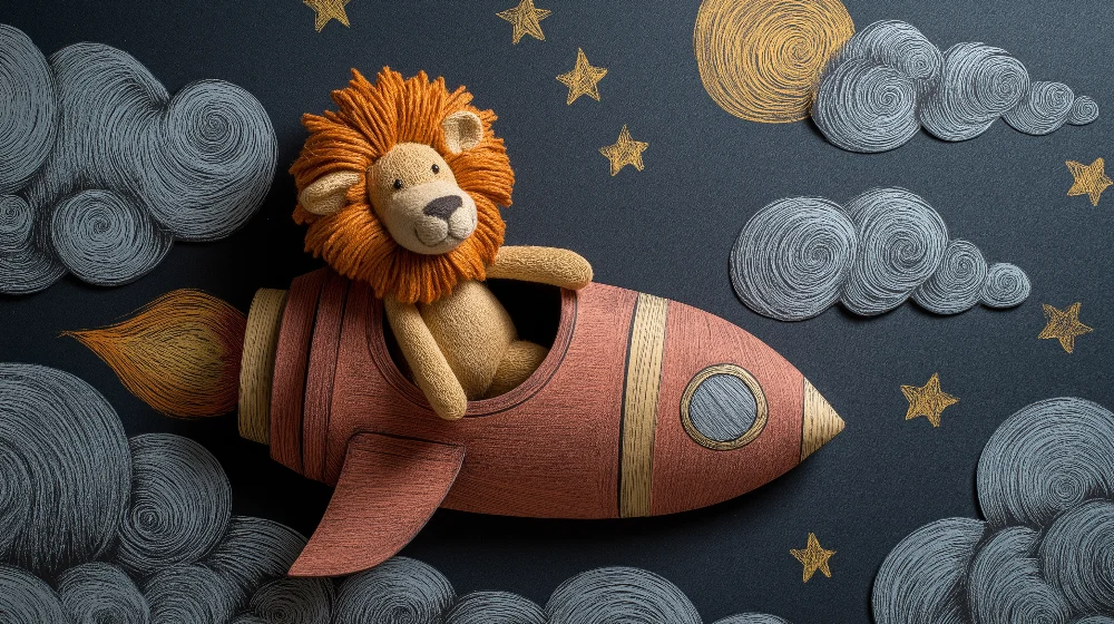 Kids room wallpaper | Lion astronaut rocket among clouds and stars