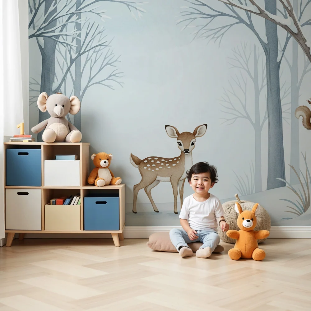 Kids room wallpaper | Little deer and snowy forest