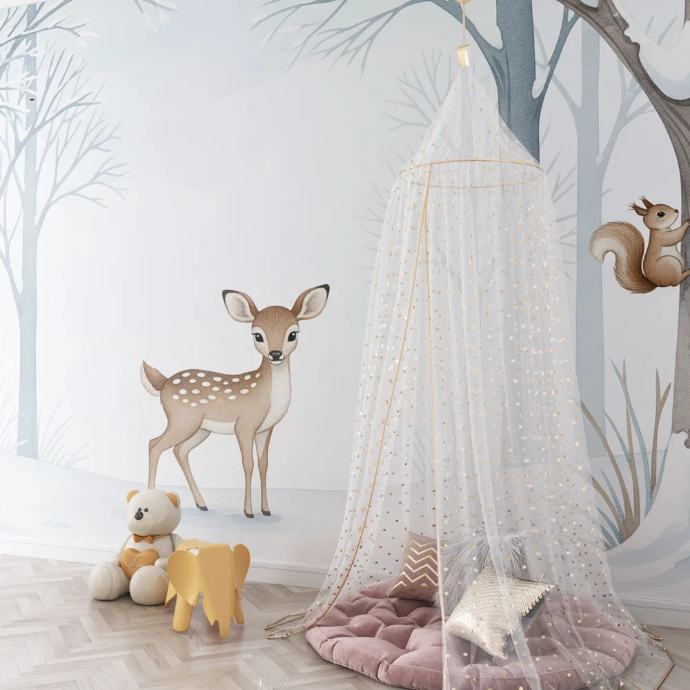 Kids room wallpaper | Little deer and snowy forest
