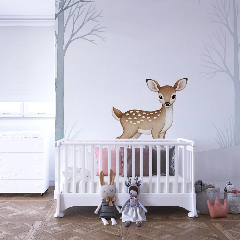 Kids room wallpaper | Little deer and snowy forest