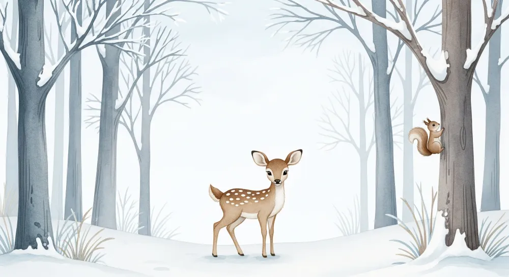 Kids room wallpaper | Little deer and snowy forest