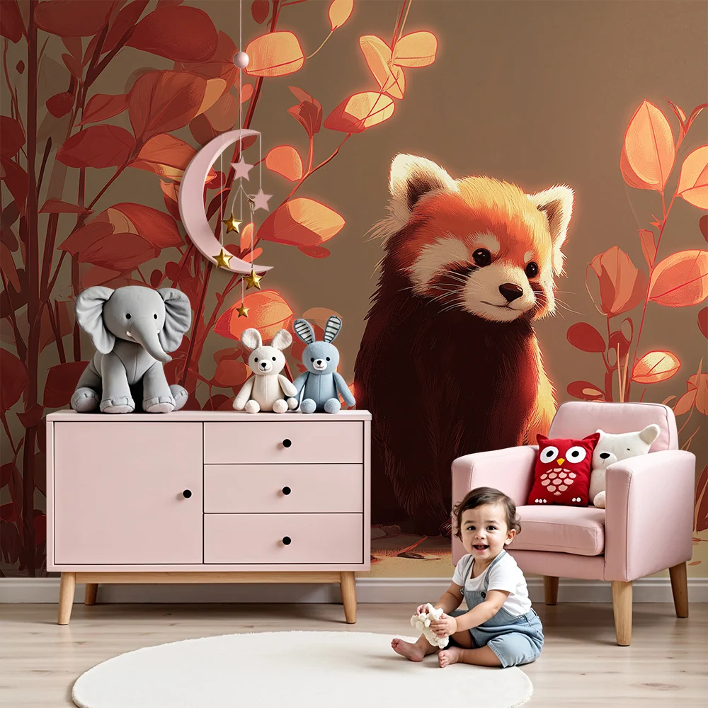 Kids room wallpaper | Little red panda autumnal setting