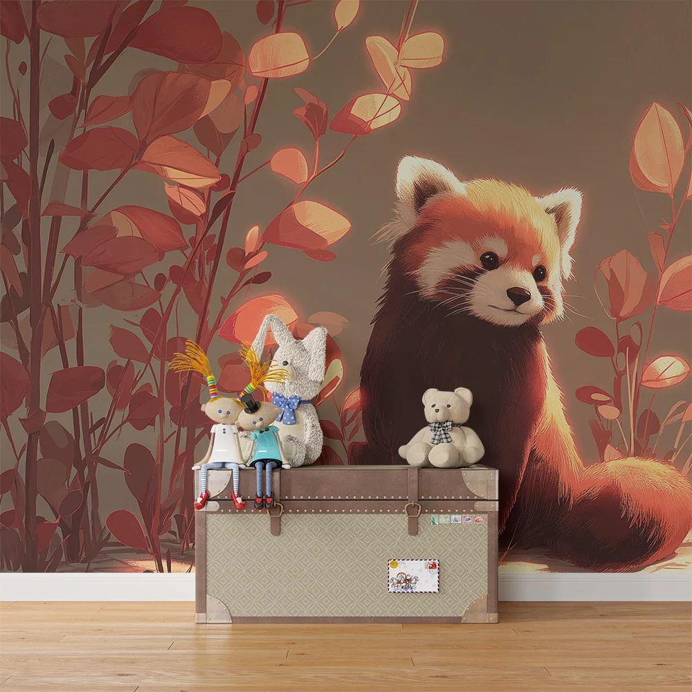 Kids room wallpaper | Little red panda autumnal setting