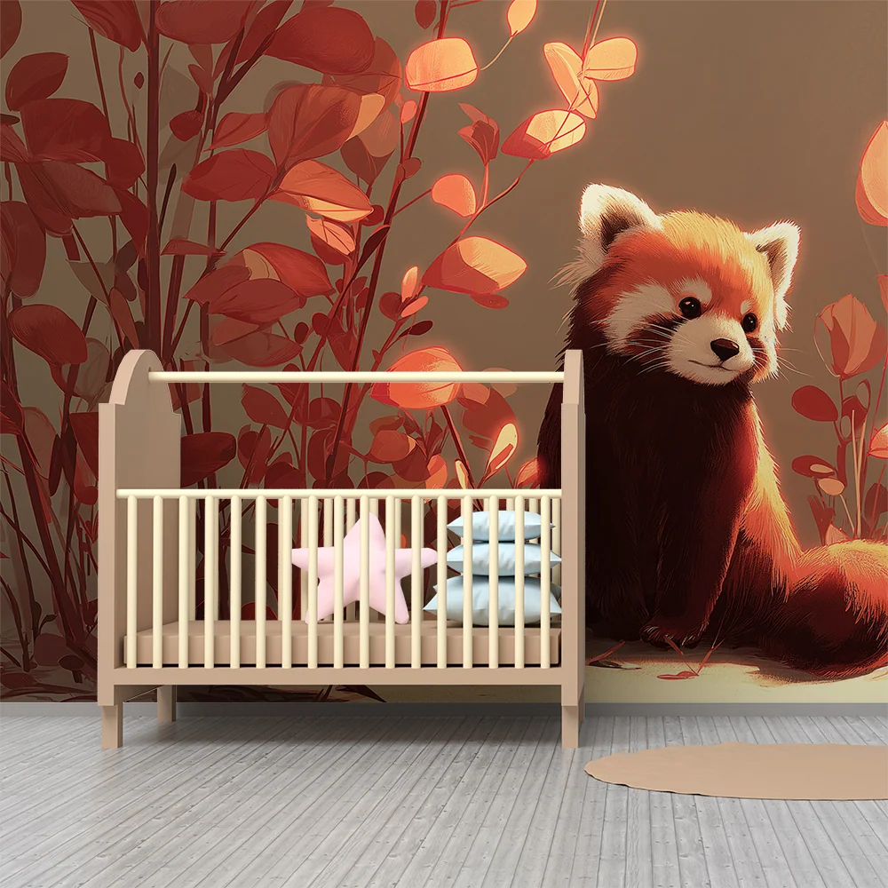 Kids room wallpaper | Little red panda autumnal setting