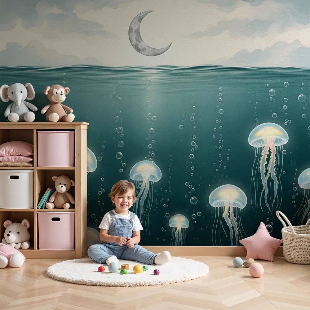 Kids room wallpaper | Luminescent jellyfish under starry sky