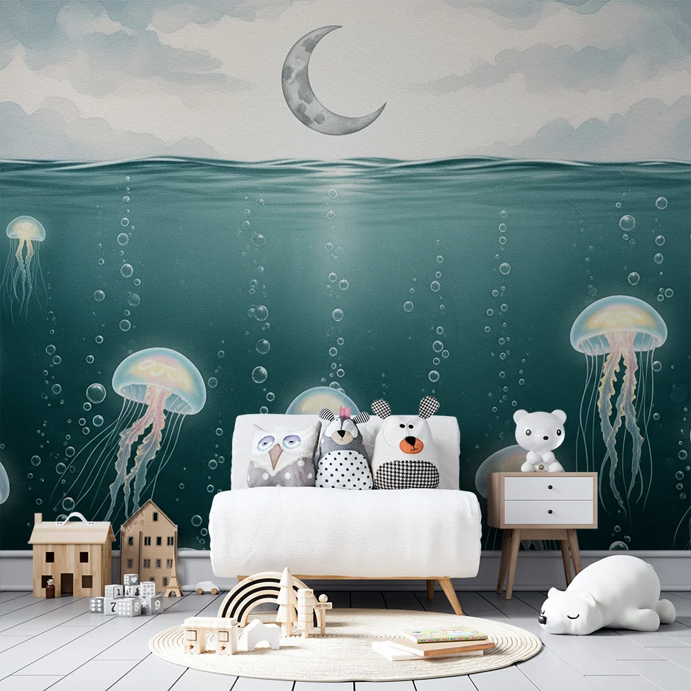 Kids room wallpaper | Luminescent jellyfish under starry sky