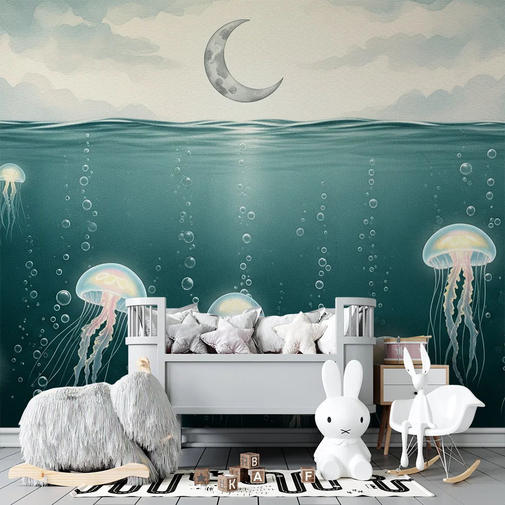 Kids room wallpaper | Luminescent jellyfish under starry sky