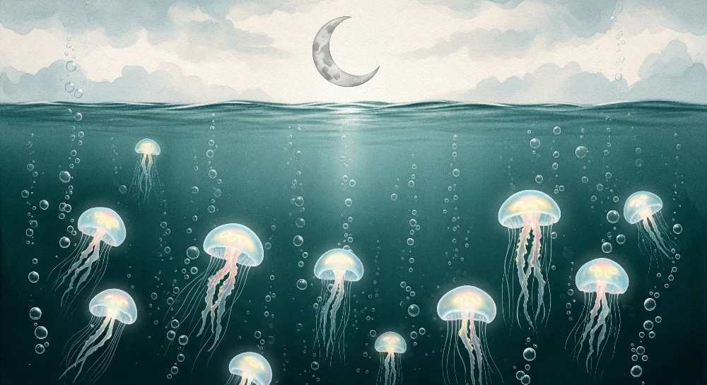 Kids room wallpaper | Luminescent jellyfish under starry sky