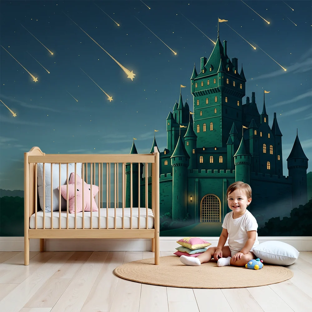 Kids room wallpaper | Magical castle under shower shooting stars