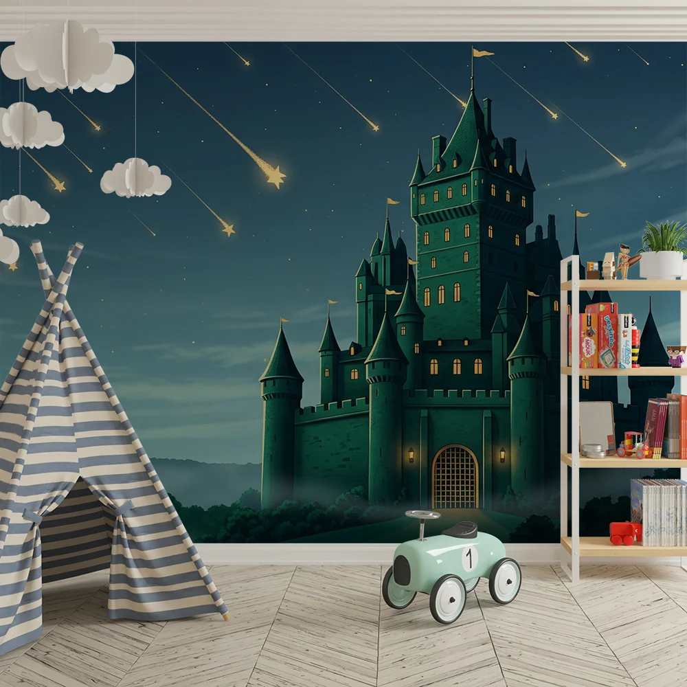 Kids room wallpaper | Magical castle under shower shooting stars