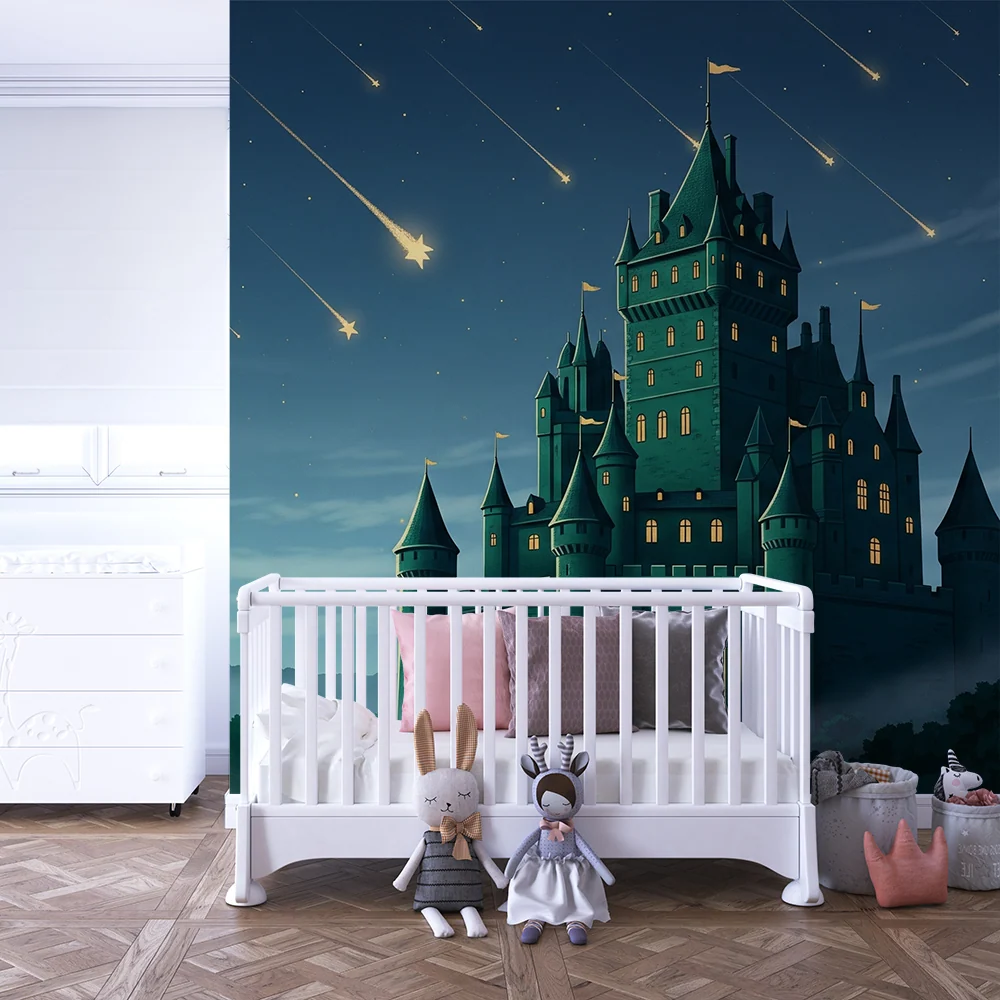 Kids room wallpaper | Magical castle under shower shooting stars