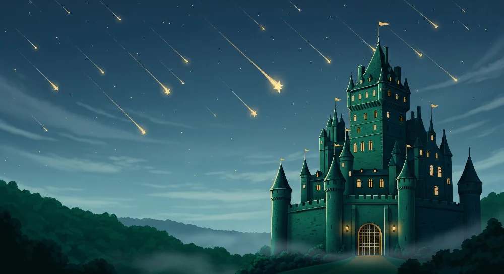 Kids room wallpaper | Magical castle under shower shooting stars