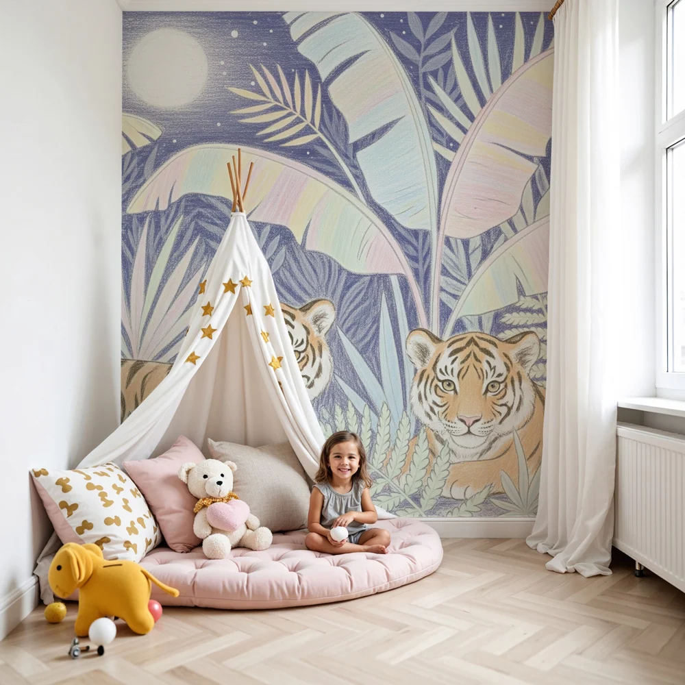 Kids room wallpaper | Majestic felines under moon