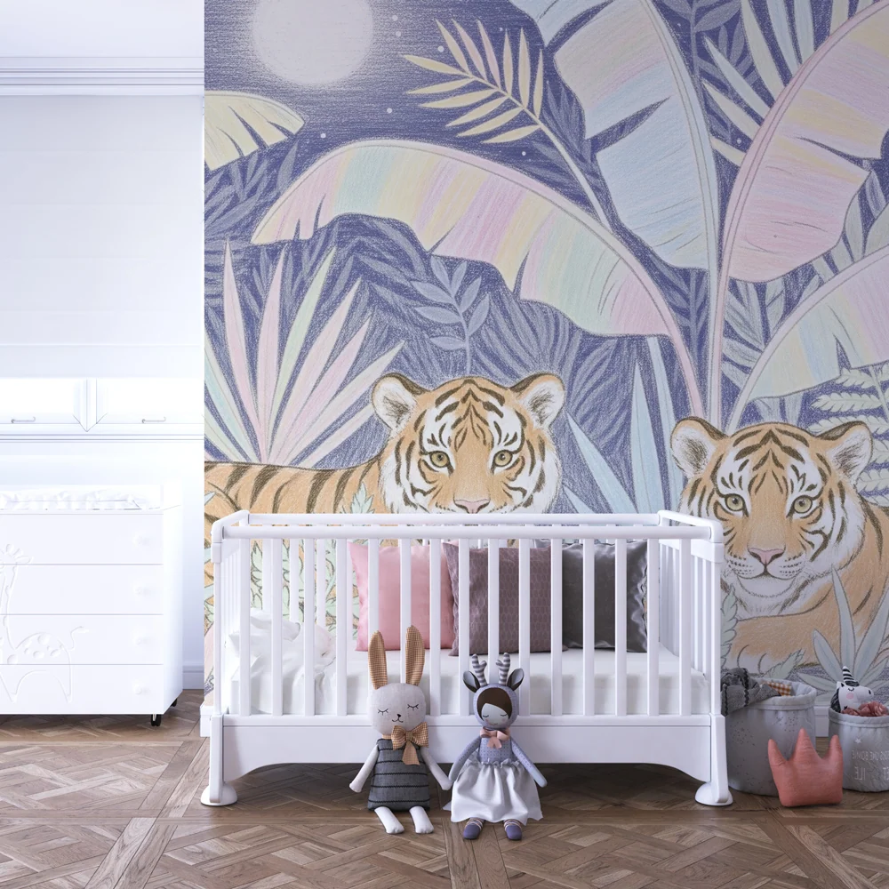 Kids room wallpaper | Majestic felines under moon