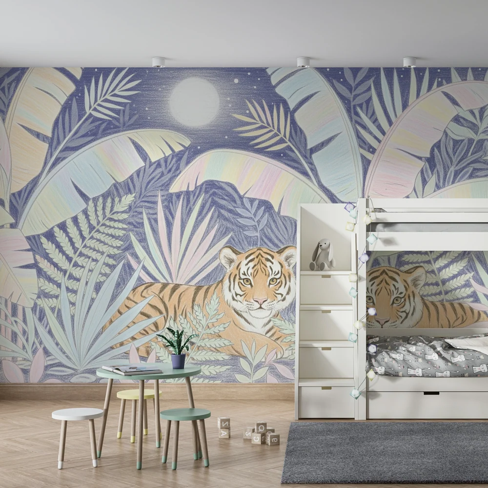 Kids room wallpaper | Majestic felines under moon