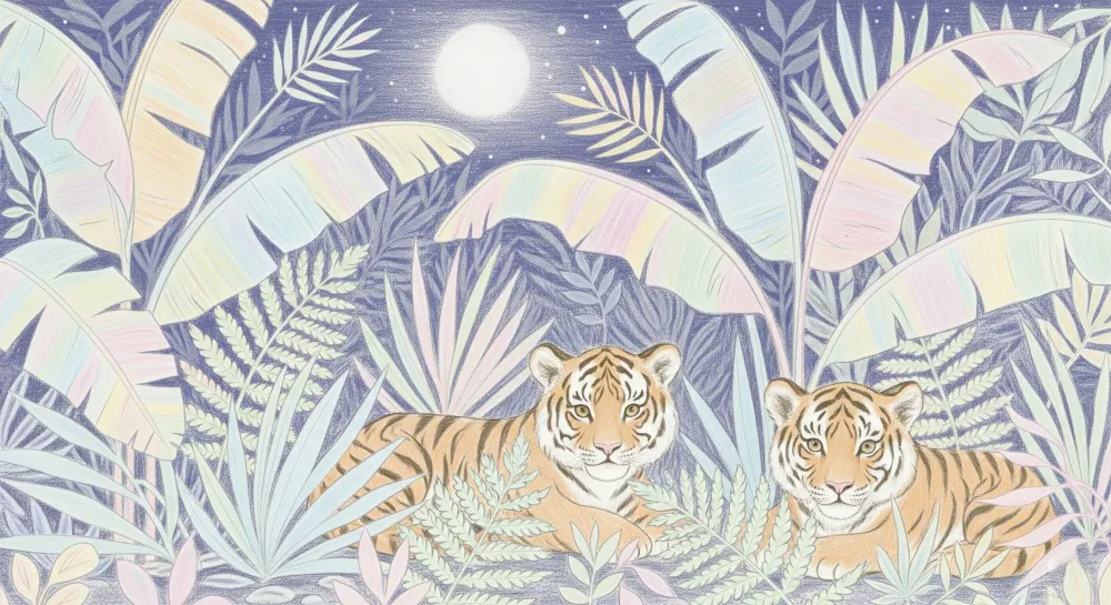 Kids room wallpaper | Majestic felines under moon