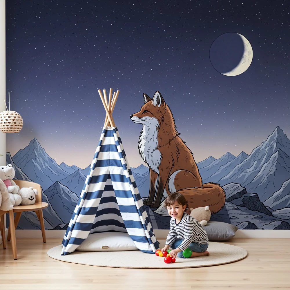 Kids room wallpaper | Majestic fox under starry sky
