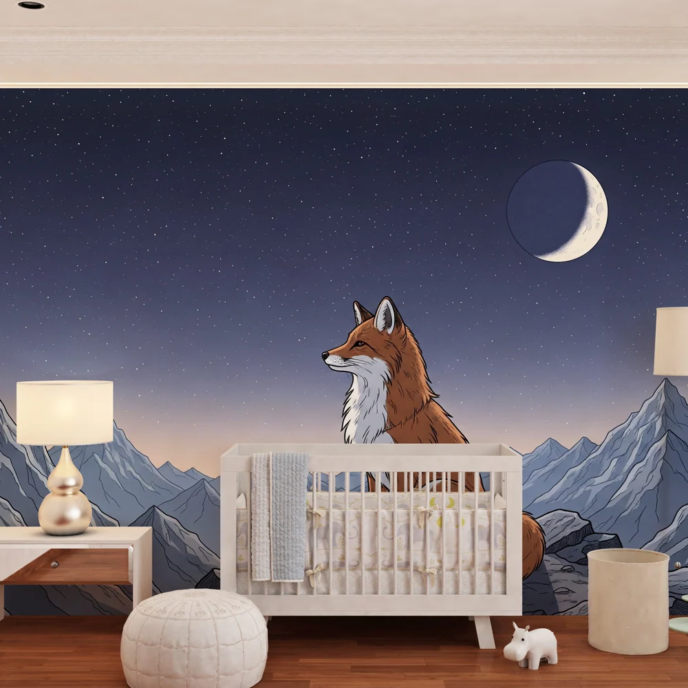 Kids room wallpaper | Majestic fox under starry sky