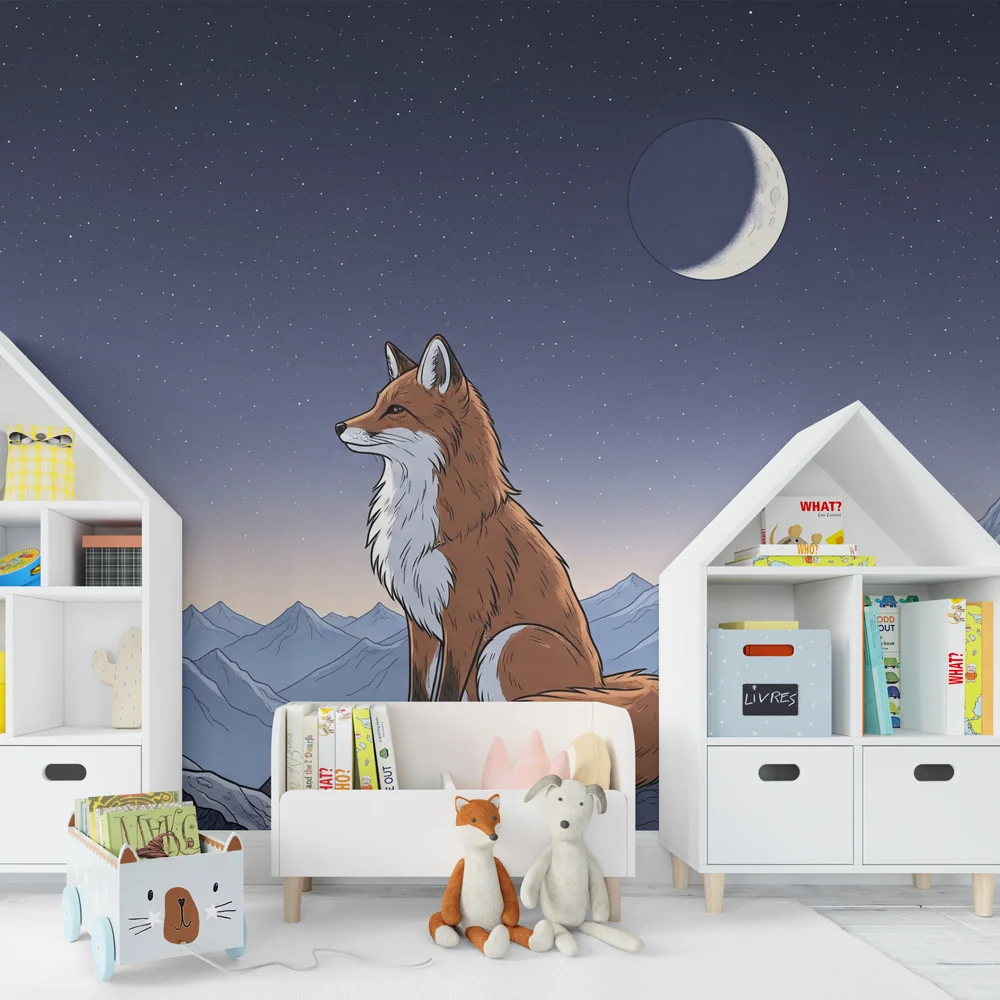 Kids room wallpaper | Majestic fox under starry sky